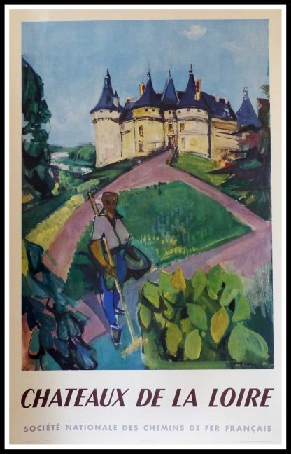 (alt="affiche ancienne originale de voyage, les châteaux de la Loire, signée dans la planche Despierre, Imprimerie Perceval, SNCF, 1953")