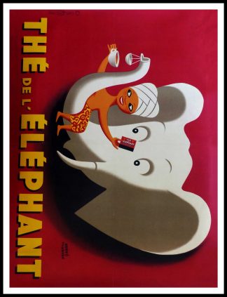 (alt="affiche ancienne originale publicitaire, Thé l'éléphant, signée dans la lithographie Hervé MORVAN, très rare, Imprimerie Ets de la Vasselais, 1952")