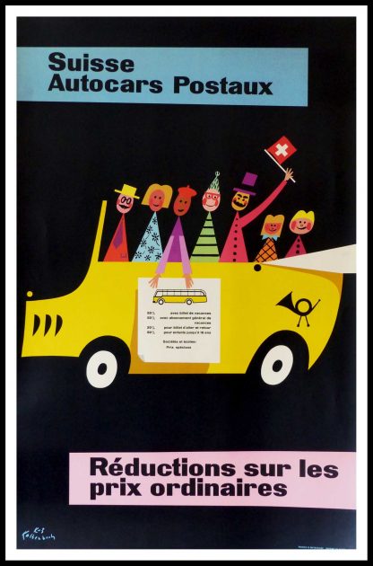 (alt="affiche ancienne originale de voyage, SUISSE, Autocars postaux, K.Z. Kaltenbach, signée dans la planche, Imprimée en Suisse 1954")