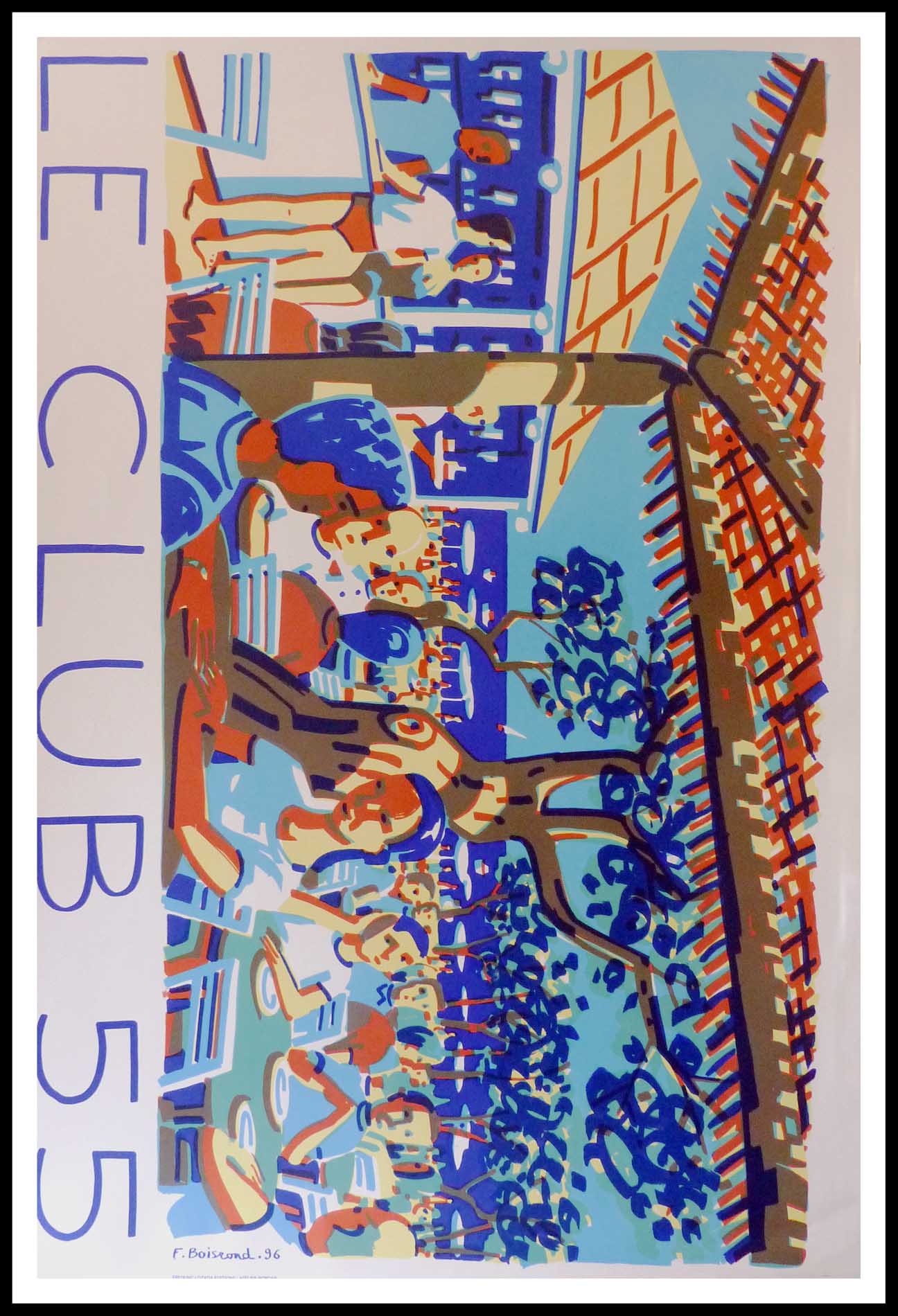 (alt="original vintage travel poster, Club 55, Saint Tropez, Ramatuelle, beachresort poster, signed in the plate F. BOISROND, printed by Atelier Bordas, 1996")