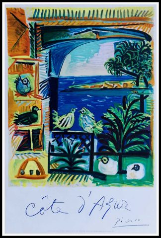(alt="original vintage poster, Côte d'Azur, Saint Tropez, Cannes, Nice, signed in the plate PICASSO printed MOURLOT 1962")