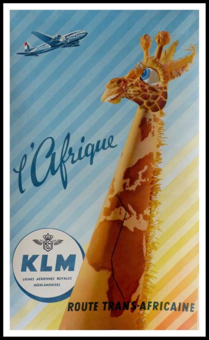 (alt="original vintage transportation poster, KLM , Africa signed in the plate PC ERKELNS circa 1950")