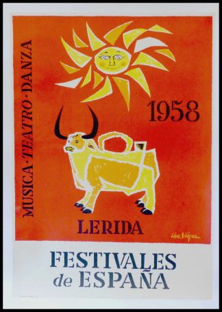 (alt="affiche ancienne originale de voyage Musica teatro Danza lerida Festivales de Espana 100 x 62 cm condition B+ LOPEZ VASQUEZ Martin Madrid 1958")