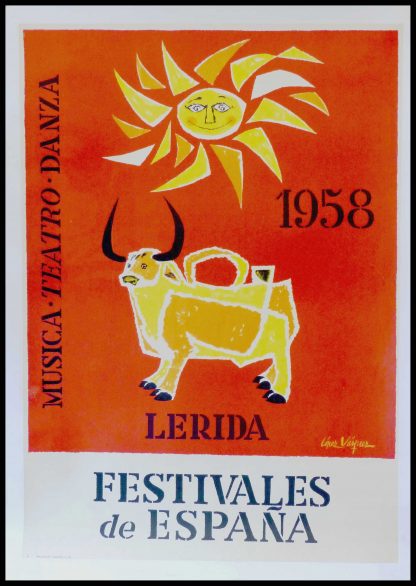 (alt="affiche ancienne originale de voyage Musica teatro Danza lerida Festivales de Espana 100 x 62 cm condition B+ LOPEZ VASQUEZ Martin Madrid 1958")
