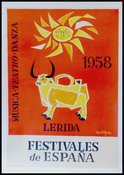 (alt="affiche ancienne originale de voyage Musica teatro Danza lerida Festivales de Espana 100 x 62 cm condition B+ LOPEZ VASQUEZ Martin Madrid 1958")