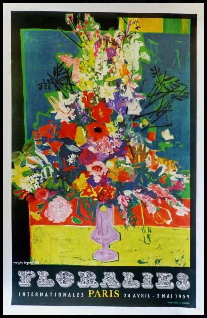 (alt="affiche ancienne originale publicitaire, Floralies internationales Paris, signé dans la planche Roger Bezombes, imprimerie Pub. J Chitry 1959")