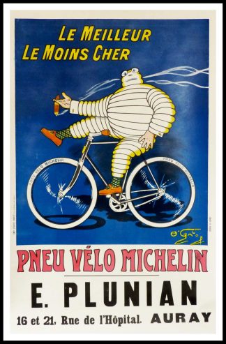 (alt="original vintage cycles poster, le meilleur, le moins cher, pneu vélo MICHELIN signed in the plate O'GALOP printed by Imprimerie CHAIX, 1912")