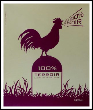 Affiche ancienne originale vin NICOLAS - 100% Terroir, coq français - Anonyme circa 1990