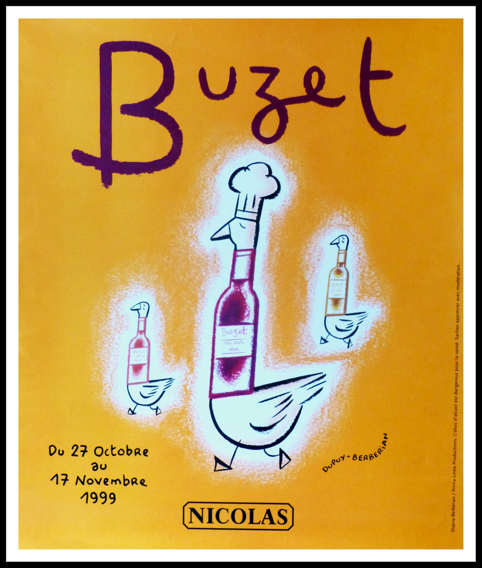 (alt="original vintage poster, wine NICOLAS - Buzet, signed in the plate DUPUY-BERBERIAN circa 1990")