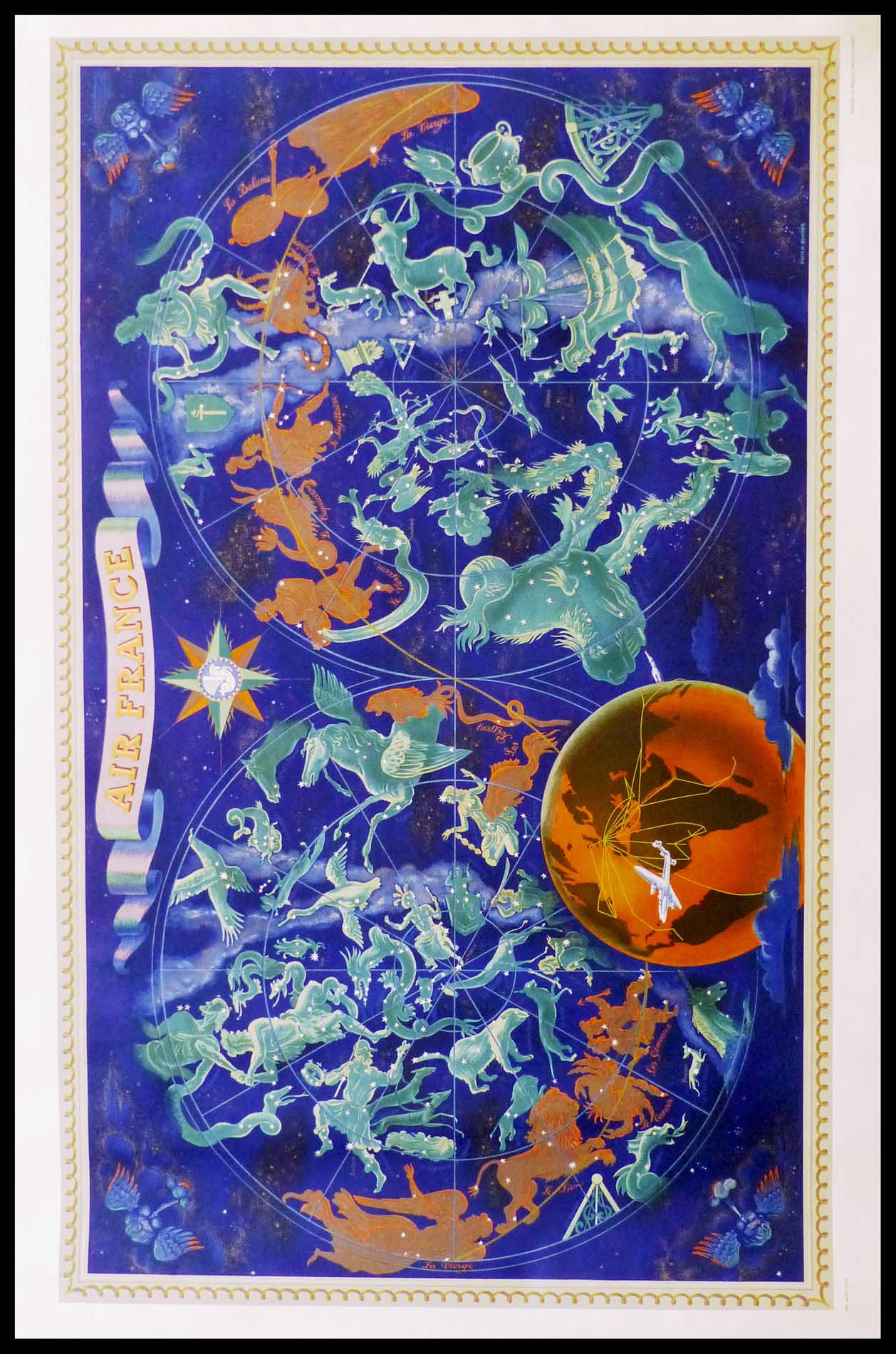 (alt="Affiche originale Air France Zodiaque Nuit des constellations size 109.2 x72 cm Lucien Boucher Imprimerie Perceval 1946")