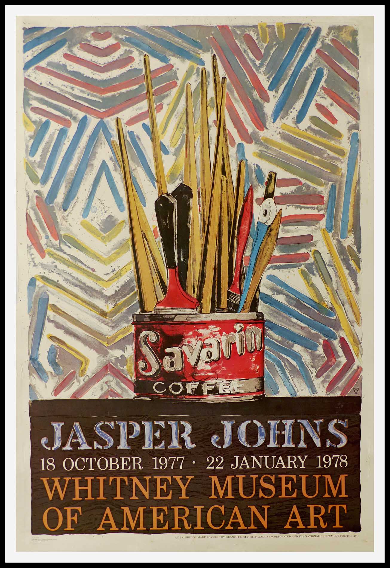 (alt="Affiche originale Jasper JONES Withney Museum of American Art Savarin Coffee 115.5 x 75.5 cm 1977 Printed by Telamon Editions limited")