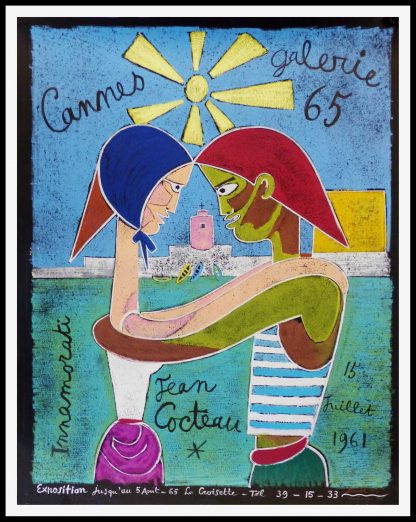 alt="GALERIE 65 CANNES 68 x 52.5 cm Jean COCTEAU signé dans la planche Imprimerie MOURLOT 1961 Deschamps lithographie")