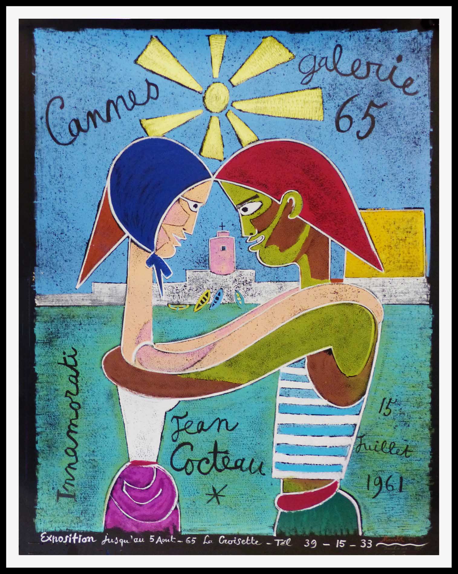 alt="GALERIE 65 CANNES 68 x 52.5 cm Jean COCTEAU signé dans la planche Imprimerie MOURLOT 1961 Deschamps lithographie")