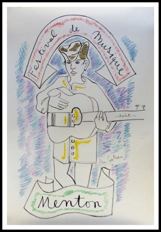 (alt="MENTON FESTIVAL DE LA MUSIQUE 66 x 44.5 cm signé dans la planche Jean COCTEAU Imprimerie MOURLOT")