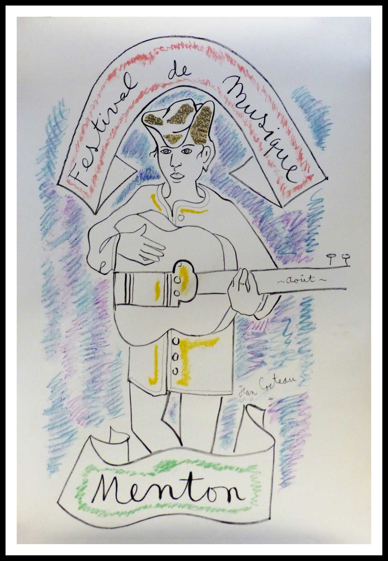 (alt="MENTON FESTIVAL DE LA MUSIQUE 66 x 44.5 cm signé dans la planche Jean COCTEAU Imprimerie MOURLOT")