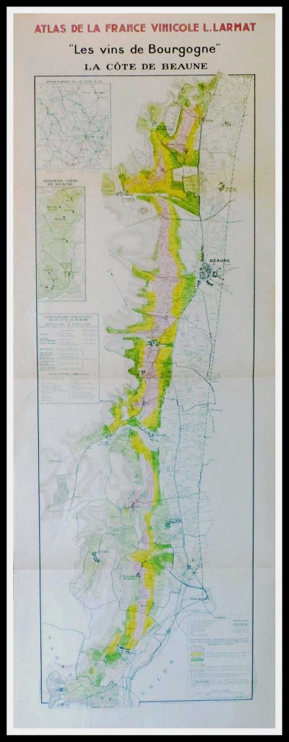 (alt="Original vintage French wine maps Les Vins de Bourgogne La Côte de Beaune, Atlas de France Vinicole 1942 Louis LARMAT 100 x 44.5 cm")