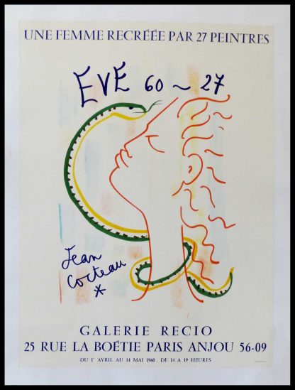(alt="original vintage poster, Jean COCTEAU, 1960, signed in the plate, EVE, printed by Presse artistique Paris")