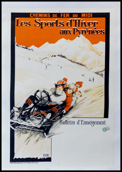 (alt="EZE-Les-sports-d-hivers-aux-Pyrenees-Chemins-de-Fer-du-Midi-75-x-52-cm-signed-in-the-plate-printed-by-E.-Baudelot-condition-Acirca-1930")