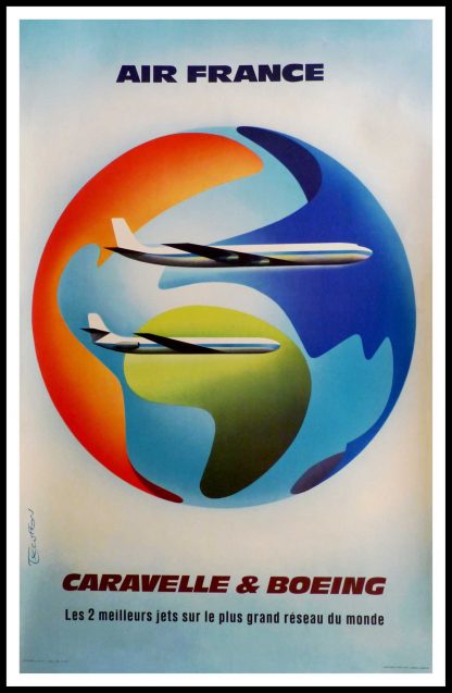 (alt="original vintage poster, AIR FRANCE Caravelle et boeing, signed in the plate, printed by FRETE 1960")