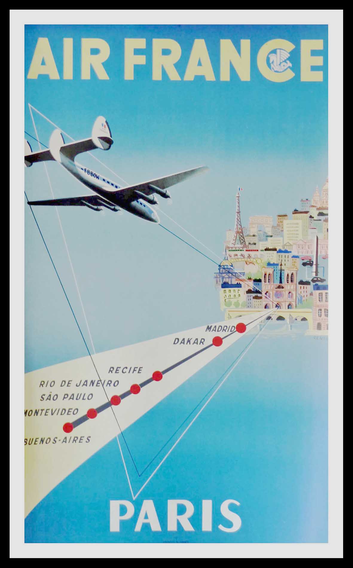 (alt="affiche ancienne originale de voyage, Air France Paris, RENLUC, 1953, Imprimerie Hubert BAILLE")