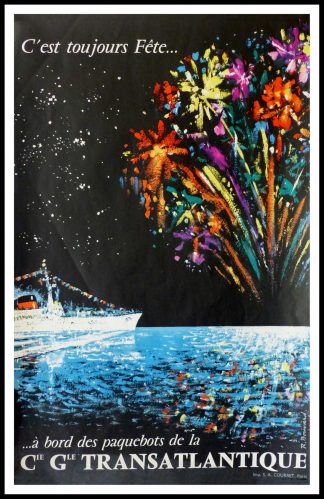 Affiche ancienne originale de voyage - Compagnie Générale Transatlantique c'est toujours la fête - R. Bonnard 1958