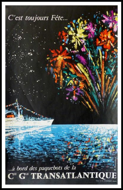 Affiche ancienne originale de voyage - Compagnie Générale Transatlantique c'est toujours la fête - R. Bonnard 1958