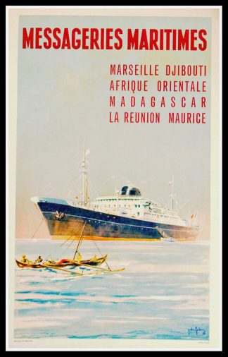 Affiche ancienne originale de voyage - Messageries Maritimes Marseille, Djibouti, Madagascar, Réunion - Jean des Gachon 1958