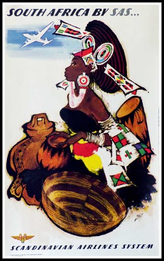 Affiche ancienne originale de voyage - South Africa by SAS - Scandinavian Airlines System - Otto Nielsen circa 1960