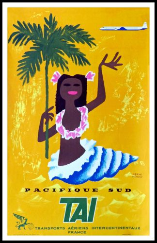 affiche ancienne originale de voyage - TAÏ Pacific Sud - Transports Aériens Intercontinentaux - Hervé MORVAN circa 1960