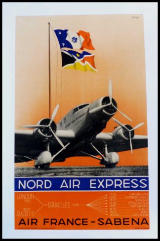 Affiche ancienne originale voyage - AIR FRANCE SABENA Nord Sabena, Nord Air Express - M. CROS 1937