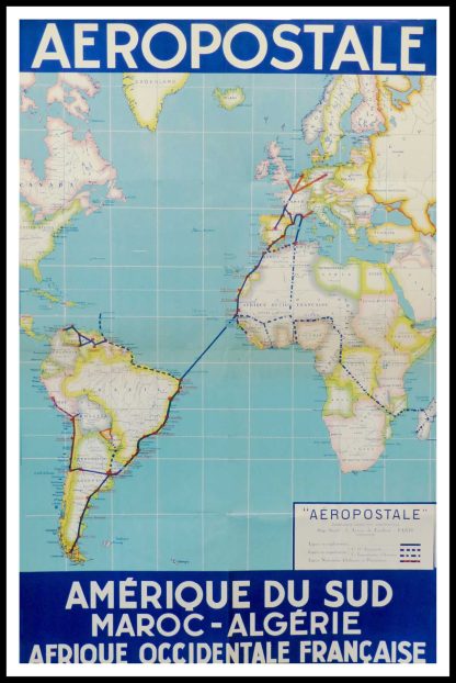 Affiche ancienne originale de voyage, Aéropostale Amérique du Sud, Maroc, Algérie, Afrique occidentale française, circa 1930