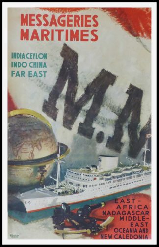 affiche ancienne originale de voyage, Messageries Maritimes India, Ceylon, Indo China, Far East, Albert BRENET 1948