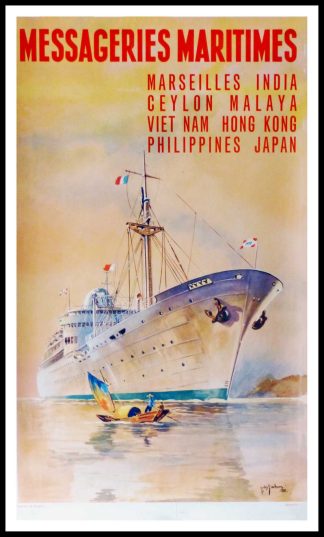 affiche ancienne originale de voyage, Messageries Maritimes Marseilles India Ceylon Malaya Viet Nam Hong Kong Philippines Japan, Jean des Gashons, 1958