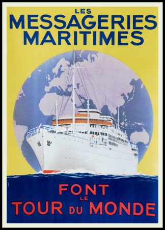 Affiche ancienne originale de voyage, Les Messageries Maritimes font le Tour du Monde, Sandy HOOK 1930