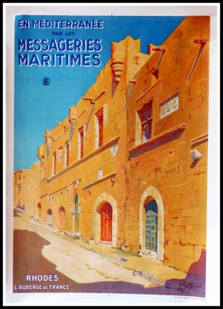 Affiche ancienne originale de voyage, En méditerranée par les Messagerie Maritimes Grèce, Rhodes l'auberge de France, Gilbert GALLAND circa 1930