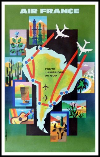 affiche ancienne originale de voyage, Air France tout sur l'Amérique du Sud, NATHAN 1965