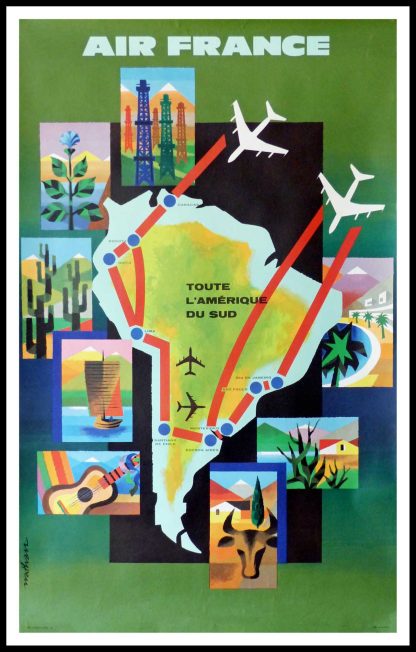 original vintage travel poster, Air France tout sur l'Amérique du Sud, NATHAN 1965