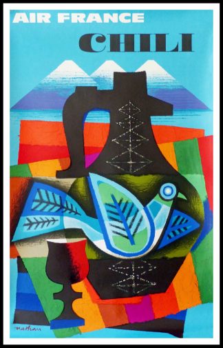 affiche ancienne originale de voyage, Air France Chili, NATHAN 1962