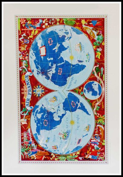 Lucien BOUCHER - Planishpère rouge, Air France, 1950 affiche ancienne originale de voyage