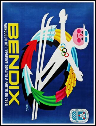Original olympic winter game poster, Grenoble, Ski, BENDIX, Hervé MORVAN, 1968