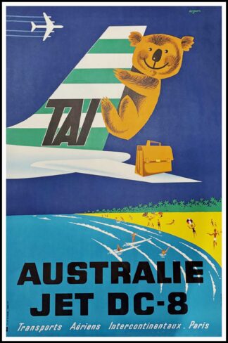 Affiche ancienne originale de voyage TAI AUSTRALIE JET DC-8, SEGUIN, 1963