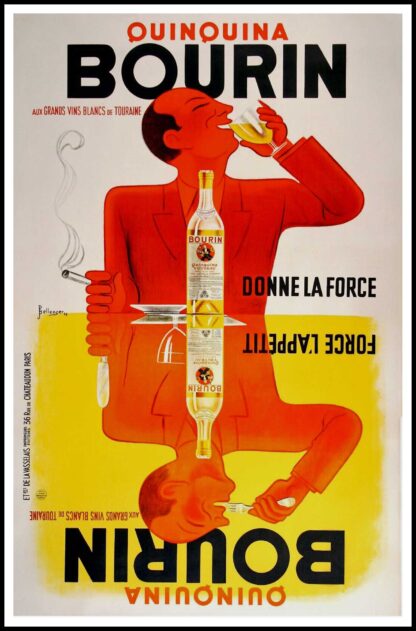 BELLENGER, affiche ancienne originale publicitaire, Quinquina Bourin donne la force et force l'appétit, 1936