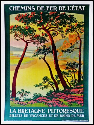 Affiche ancienne originale voyage - La Bretagne Pittoresque - le Trieux, château de la Roche Jagu, Constant Duval 1914