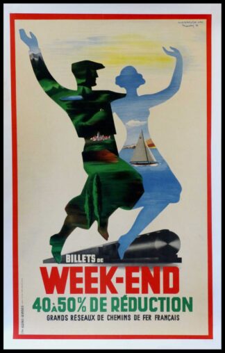 affiche ancienne originale de voyage, Billets de week-end Grands réseaux de chemin de fer français, Maximilien VOX MARTON 1936