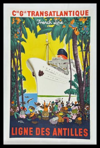 Affiche ancienne originale de voyage, Compagnie Générale Transatlantique, French Line, Ligne des Antilles, Edouard COLIN circa 1930
