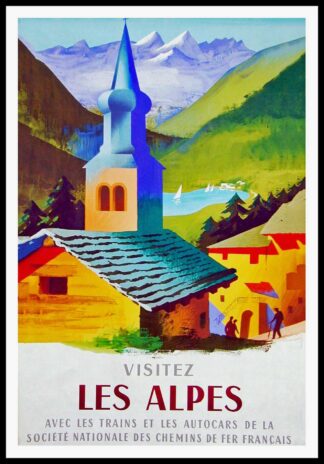 Affiche ancienne originale voyage - Visitez les Alpes avec les Trains et Autocars de la SNCF, NATHAN 1954