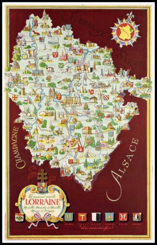 Affiche ancienne originale voyage - Benelux, Sarre, Champagne Alsace, Moselle, Meurthe et Moselle, Willy FISHER circa 1940