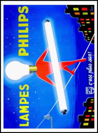affiche ancienne originale publicitaire - Lampe Philips c'est plus sûr, funambuliste - Paul IGERT circa 1950