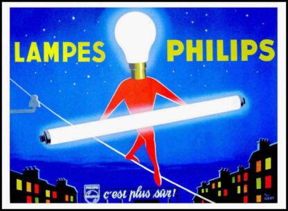 affiche ancienne originale publicitaire - Lampe Philips c'est plus sûr, funambuliste - Paul IGERT circa 1950 – Image 2