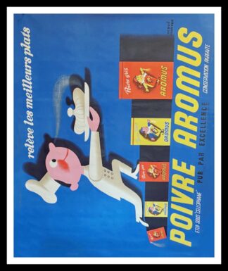 affiche ancienne originale publicitaire - Poivre AROMUS relève les meilleurs plats, Hervé MORVAN circa 1950